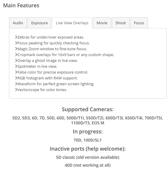 MagicLanternのLiveView機能およびサポートされているカメラ機種（MagicLanternノWebページからキャプチャ）